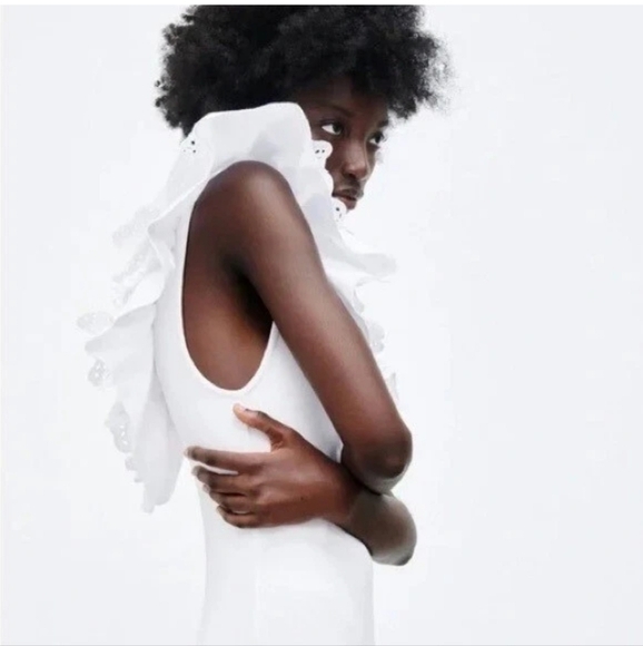 Zara White Eyelet Lace Ruffle Ribbed Mini Dress New Bodycon Size Medium Coquette - Picture 8 of 15